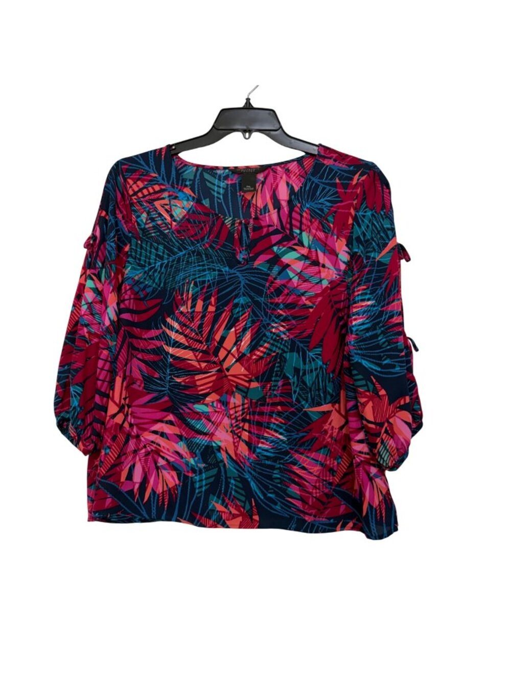 Investments Petites PXL Womens Multicolor Tropical Print Blouse With Tie Sleeves